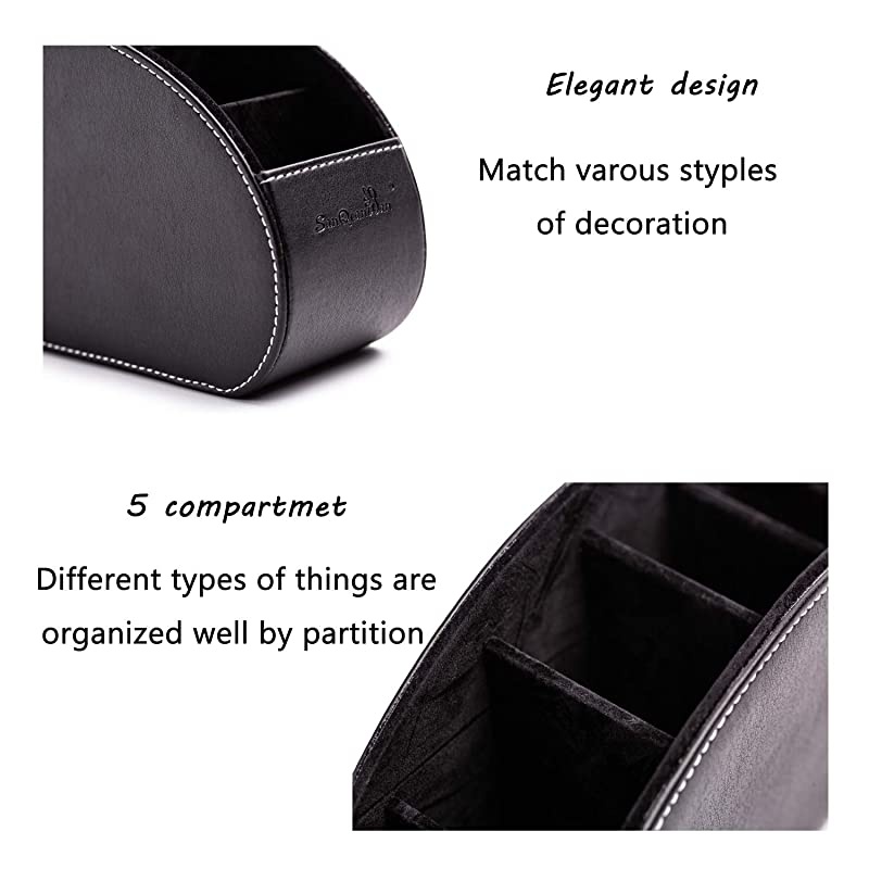 Control Holder Organizer Box with 5 compartment PU Leather Multi-functional Office Organization And storage Caddy Store tv holders ,brush ,pencil,glasses an Media Player (Black)