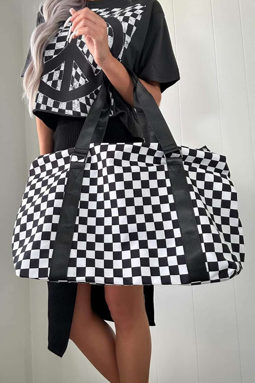 Black Colorblock Bowknot Pattern Knitted Tote Bag