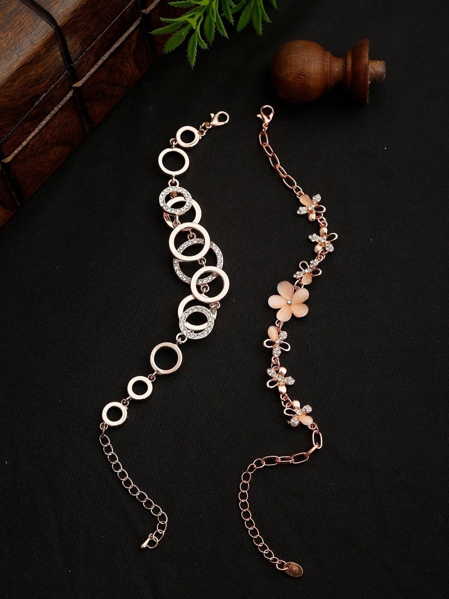 YouBella Rose Gold Crystal Gold-Plated Floral Flexible fit Bracelet - Set of 2