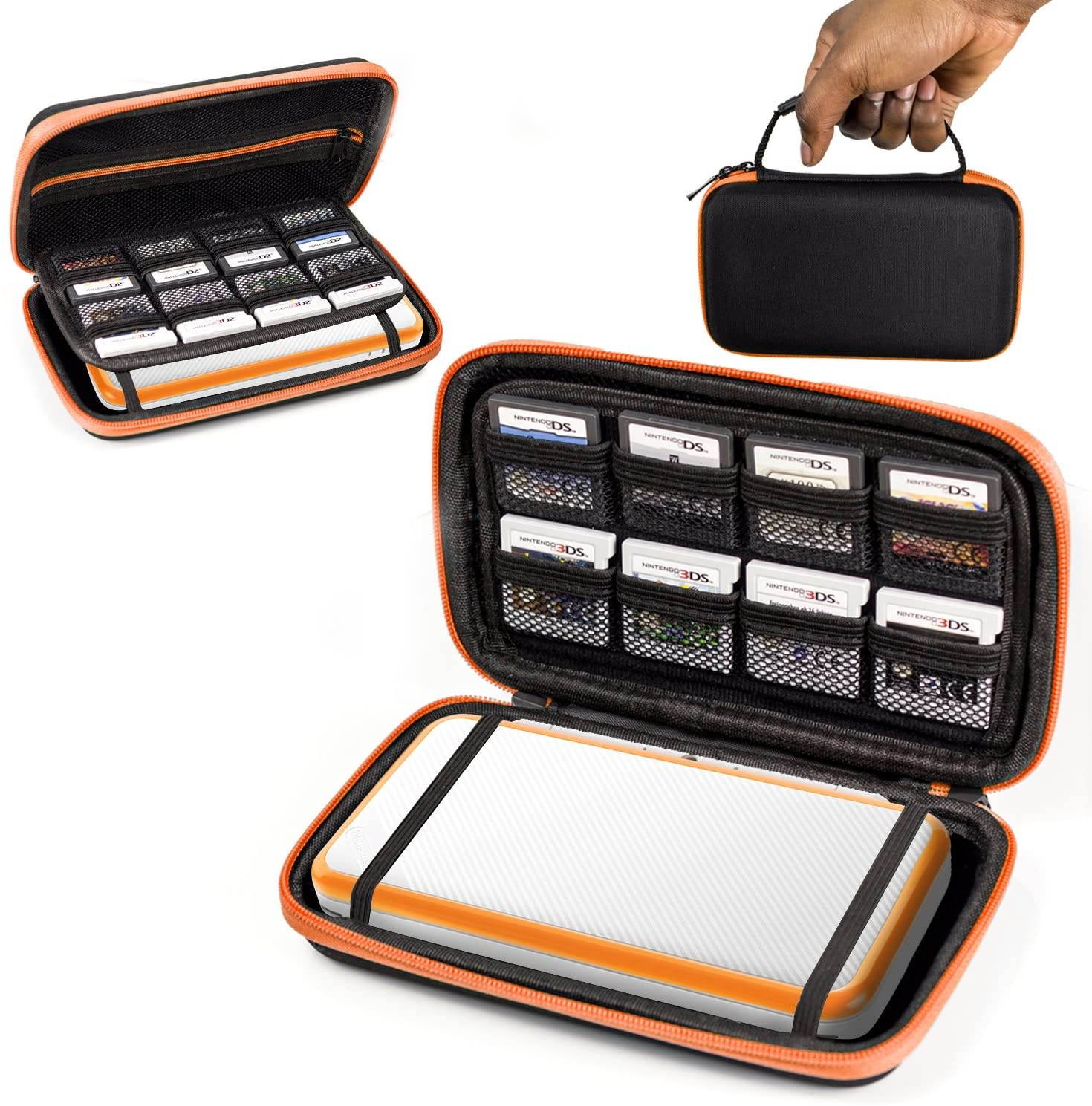 2DS XL Case, Orzly Carry Case for New Nintendo 2DS XL - Protective Hard Shell Portable Travel Case Pouch for New 2DS XL Console with Slots for Games & Zip Pocket - Orange on Black