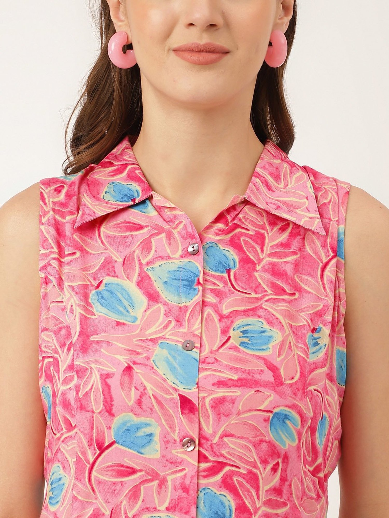 Divena Pink Floral Print Ethnic Dress With Unstitched Sleeves