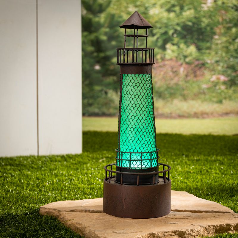 Garden Meadow 21-Inch High Solar LED Metal Lighthouse Outdoor D'ecor, Green.