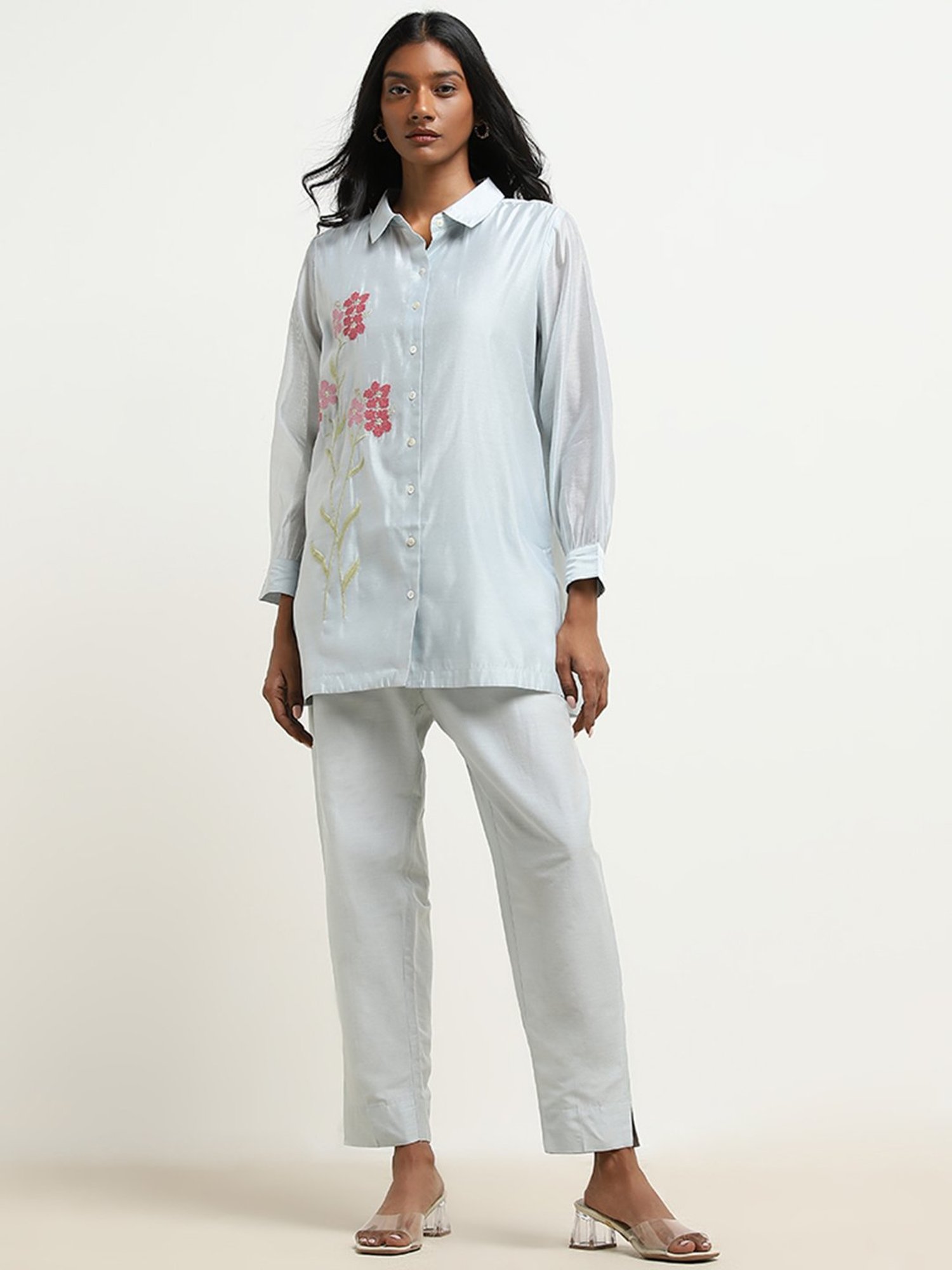 Vark by Westside Light Blue Floral Embroidered Tunic & Ethnic Pants Set