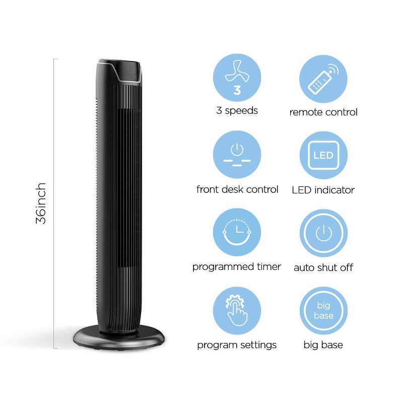 PELONIS FZ10-19JR 36 Inch 3 Speed Oscillating Pedestal Tower Fan with Remote Control and 7 Hour Timer, Black
