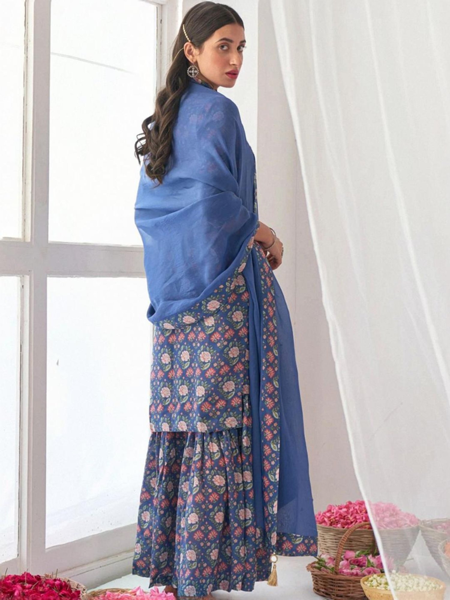 Odette Blue Floral Print Kurta Sharara Set With Dupatta