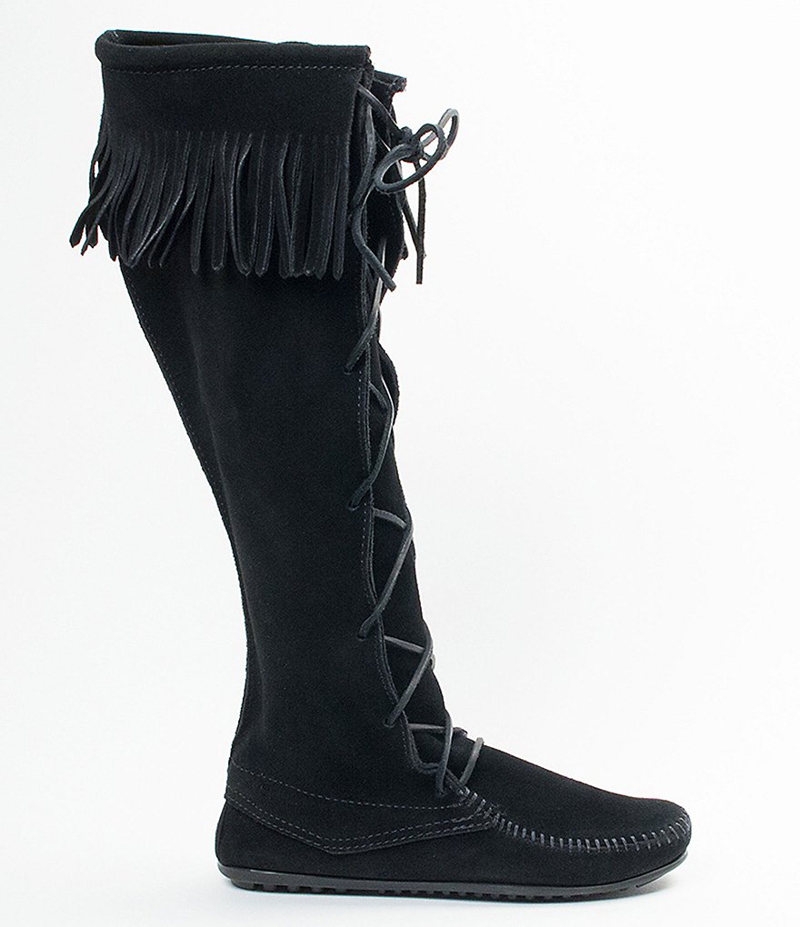 Minnetonka Women's Hardsole Suede Fringe Lace Up Boots
