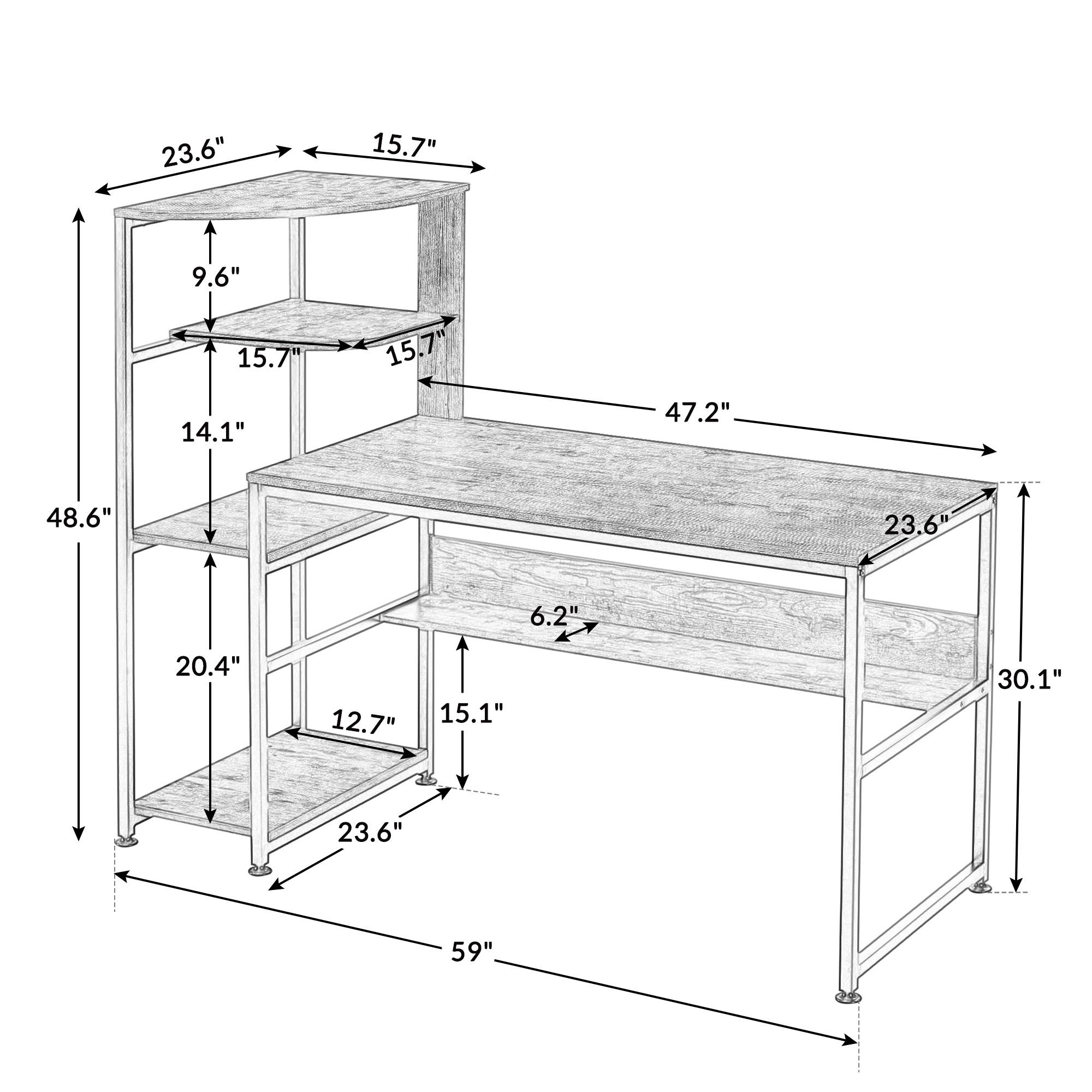 59" Home Office Computer Desk Large Modern Office Desk Study Writing Table Gaming Desk Workstation with 4-Tier Storage Shelves, Bookshelf and Tower Shelf Brown