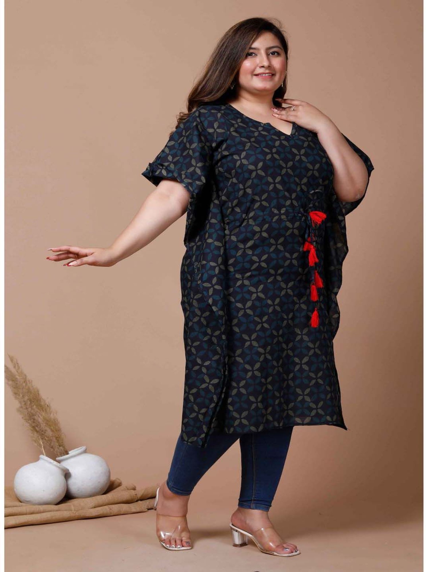 Miravan Blue Cotton Printed A Line Kaftan