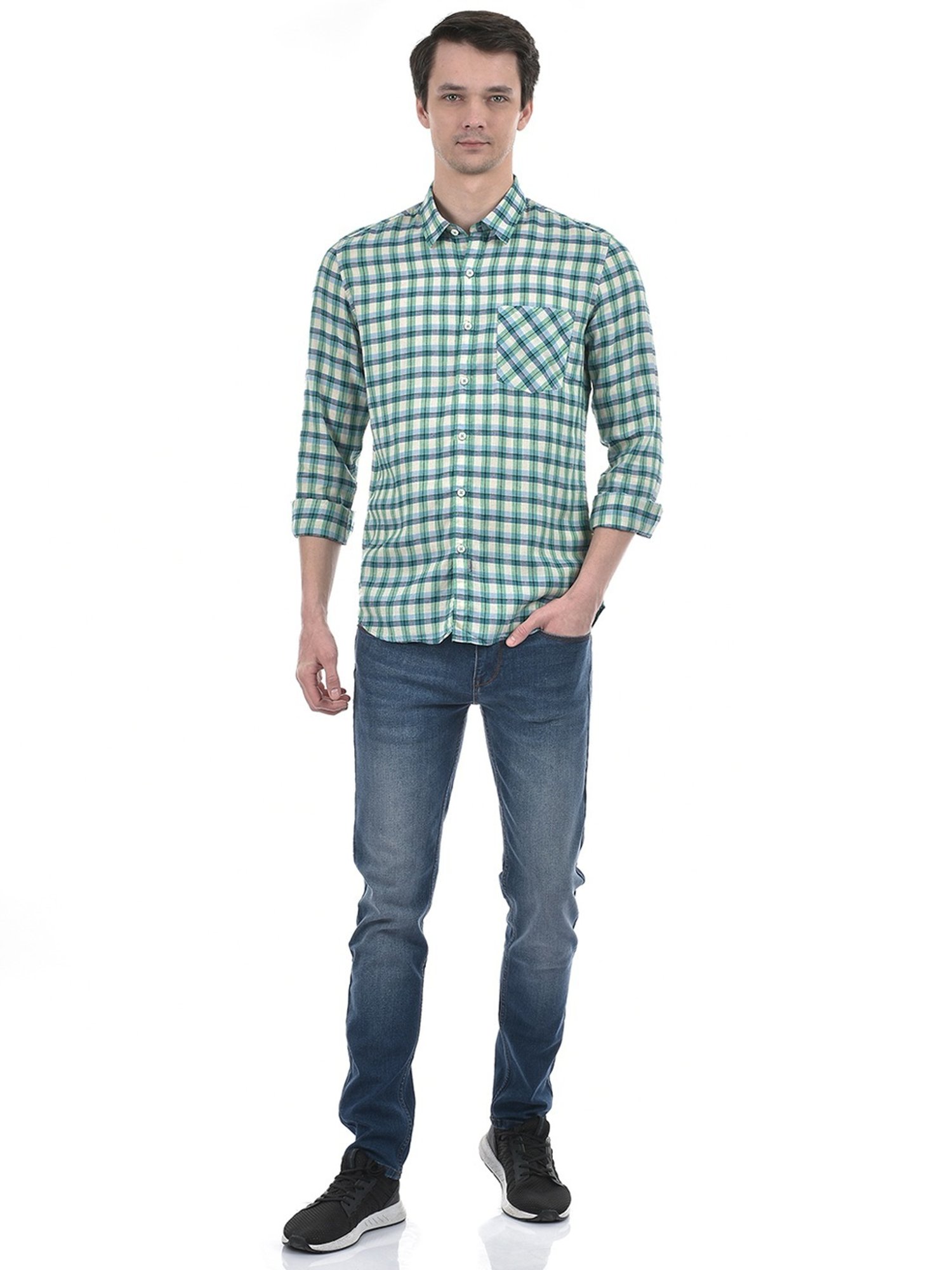 Numero Uno Green Cotton Slim Fit Checks Shirt