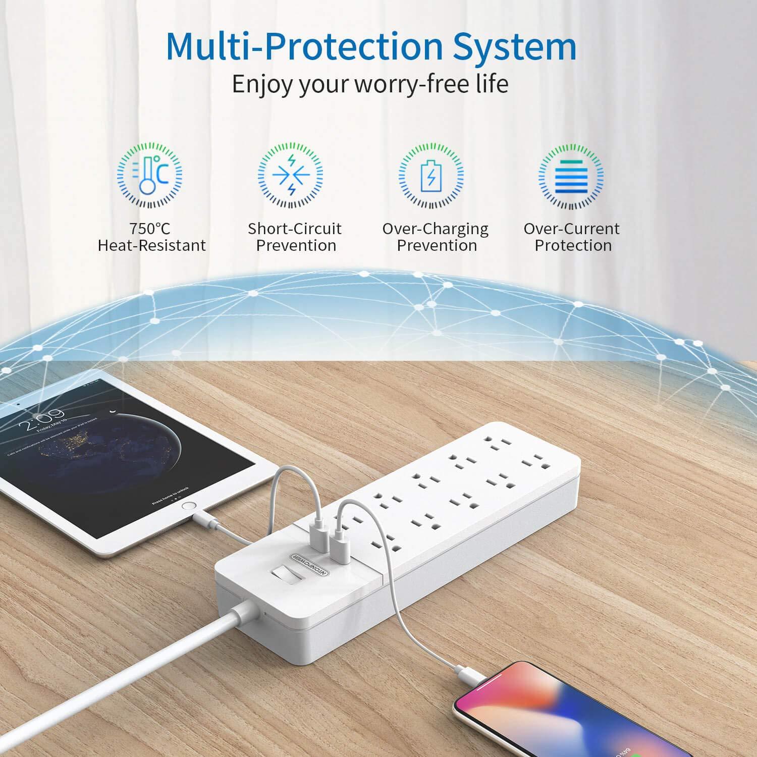 Surge Protector Power Strip - NTONPOWER 10 Outlets Power Strip with 2 USB Ports, Power Strip Flat Plug, 5ft Heavy-Duty Extension Cord, 15A Circuit Breaker, Wall Mount, for Home and Office - White
