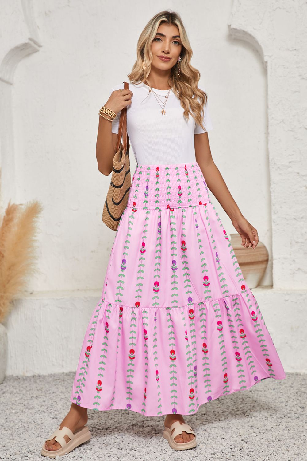 I.N. Studio Romantic Ditsy Floral Print Pucker Knit Tiered Midi Skirt