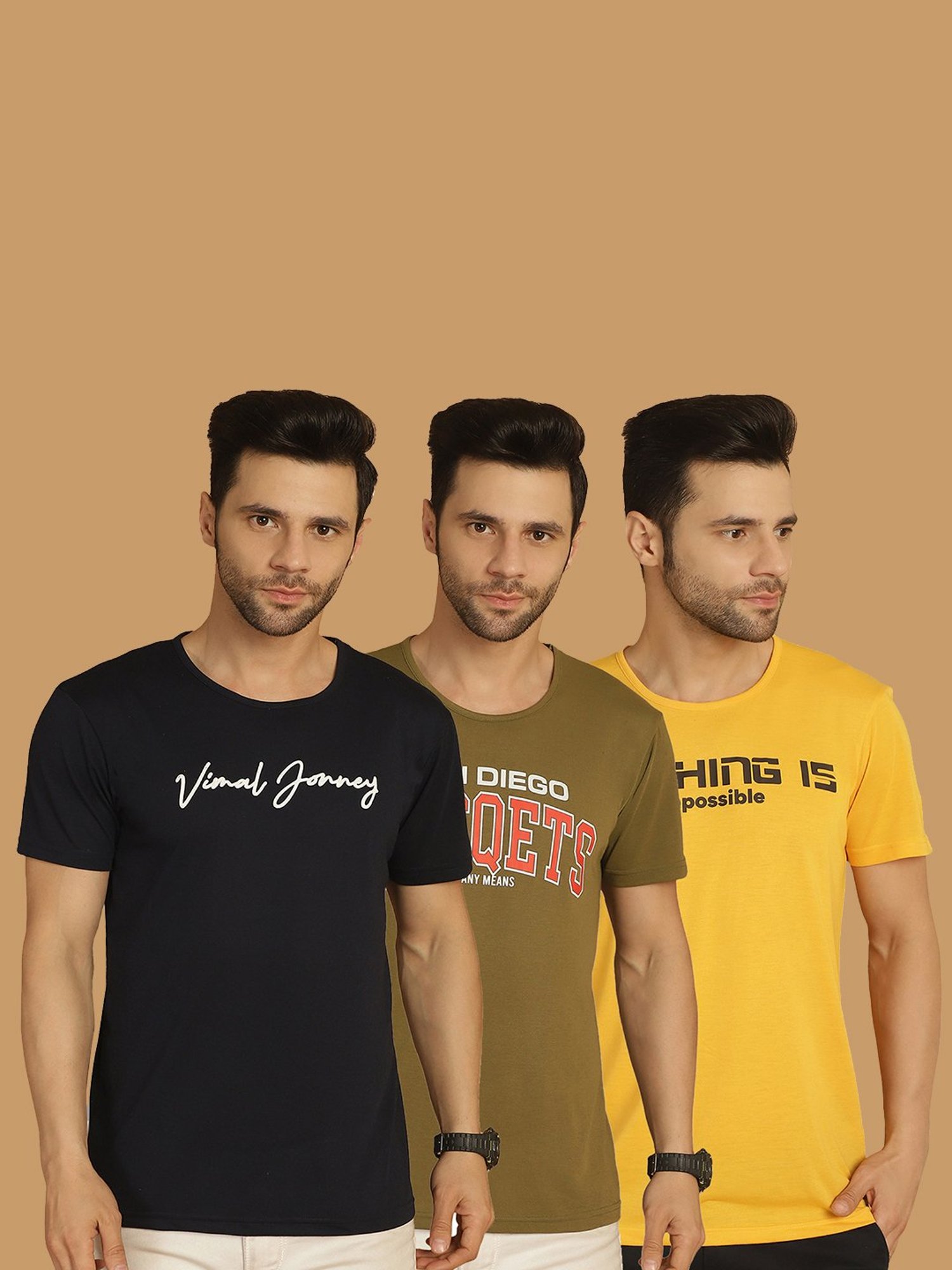 Vimal Jonney Multicolor Regular Fit Printed Crew T-Shirt - Pack of 3