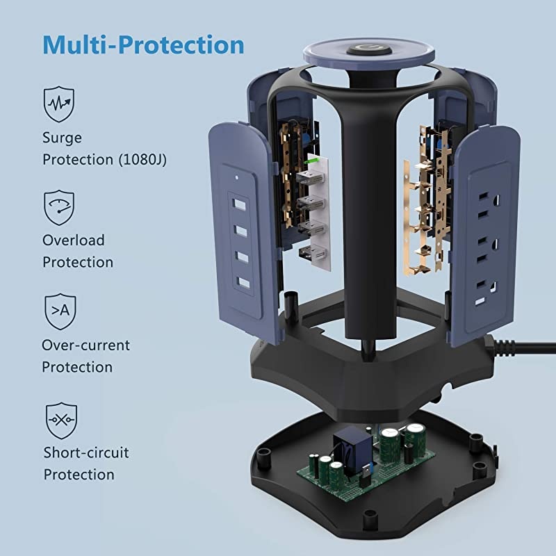 98Ft White Surge Protector Power Strip Tower 18AWG 10A Long Extension Cord with 9 AC Outlets 4 USB Ports Charging Station for Multiple Devices Fireproof Outlet for Home School Office