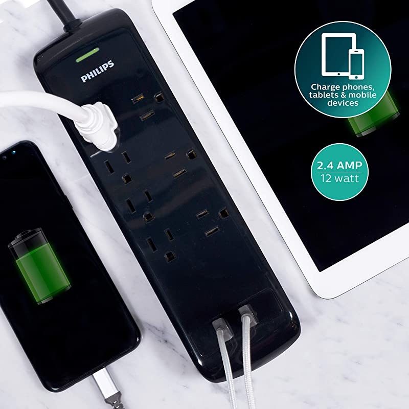 7 Outlet Power Strip Surge Protector 2 USB Charging Ports 4ft Power Cord Flat Plug Wall Mount 1440 Joules ETL Listed Circuit Breaker Automatic Shutdown Black SPP6270BC37