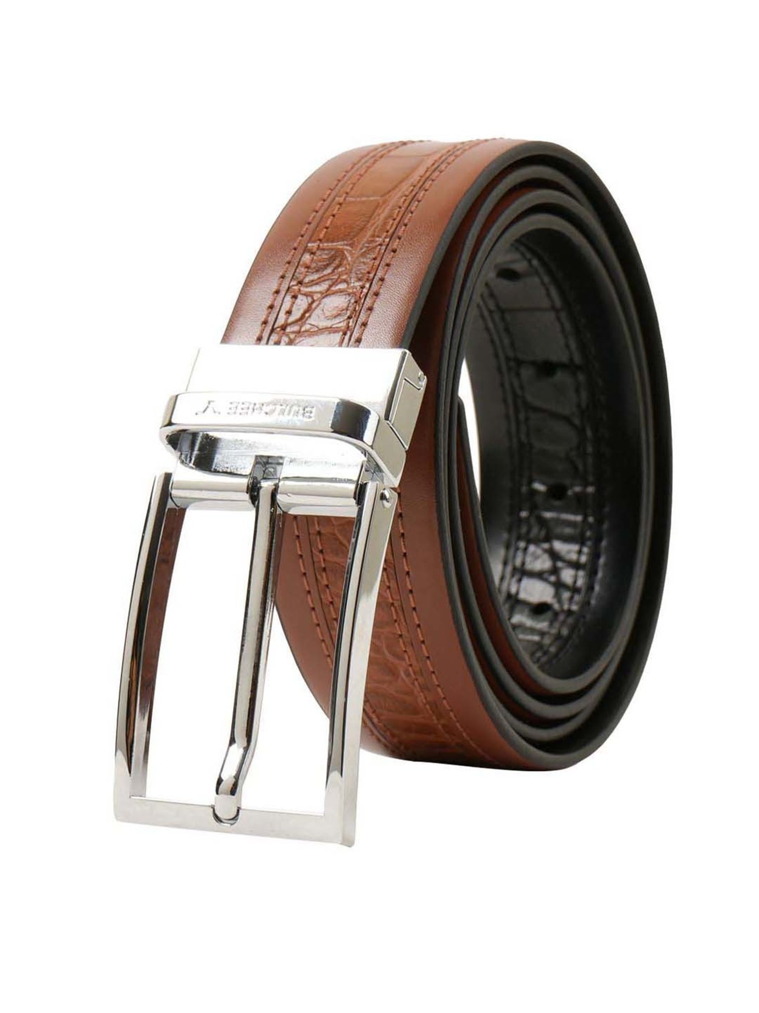 BULCHEE Brown & Black Leather Flat Reversible Belt for Men