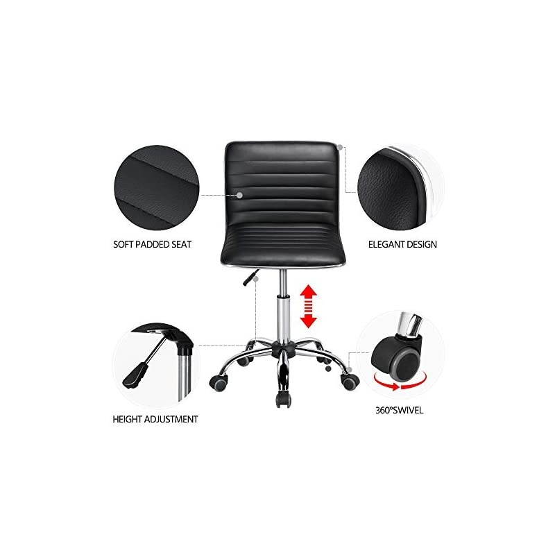 Adjustable Task Chair PU Leather Low Back Ribbed Armless Swivel Black Desk Chair Office Chair Wheels