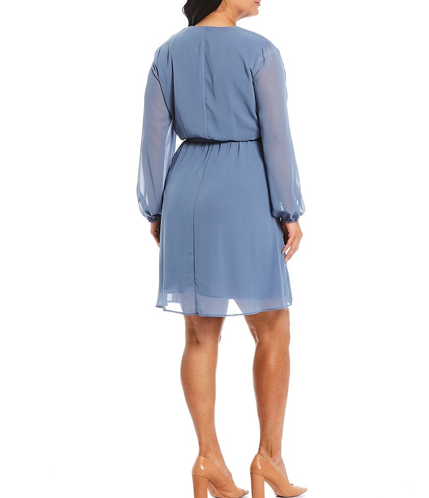 Marina Plus Size V-Neck Long Sleeve Knee Length Faux Wrap Dress