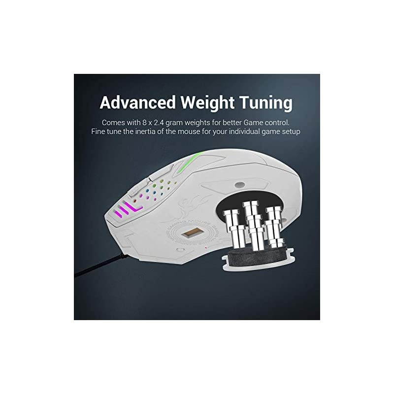 M601 RGB Gaming Mouse Backlit Wired Ergonomic 7 Button Programmable Mouse Centrophorus with Macro Recording Weight Tuning Set 7200 DPI for Windows PC White