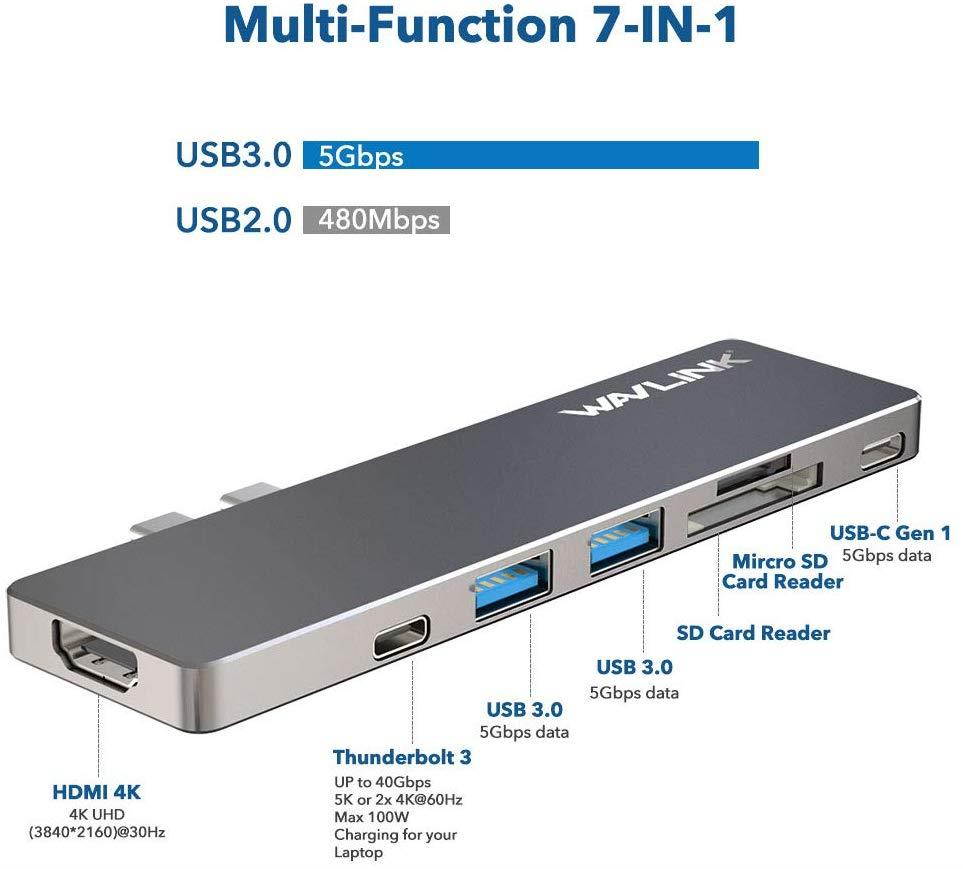 USB C Hub Adapter for MacBook Pro 2019 2018-2016,WAVLINK 7-in-1 Aluminum USB-C Hub with 4K HDMI,Thunderbolt 3 Port (40Gbps),100W Power Delivery,2 USB 3.0, USB 3.1,SD/Micro SD Card Reader(Space Gray)