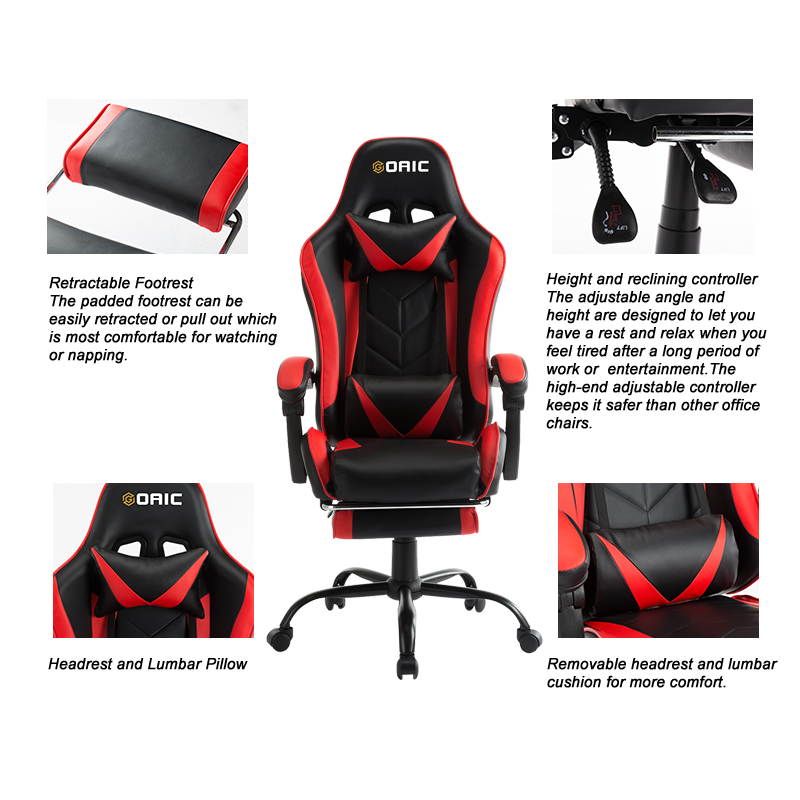 Goaic Gaming Chair PC Racing Game Chair Ergonomic 135&deg; Adjustable Reclining Office Chair with Footrest, High Back Office Desk Computer Chair with Headrest and Lumbar Pillow Support (White/Red)