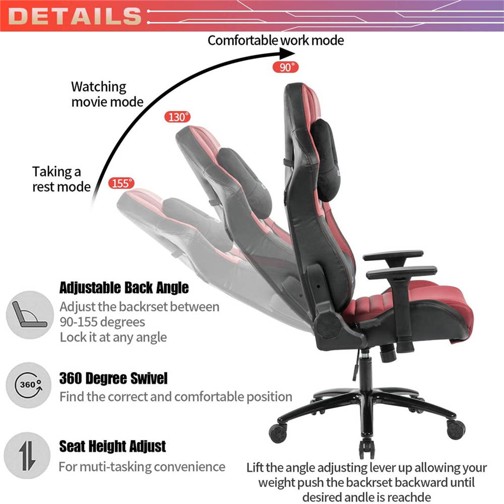 KCREAM PU Big and Tall Ergonomic Gaming Chair, Adjustable High Back Swivel Computer Chair Headrest Lumbar Support 400lbs Reclining Office Desk Chair for Adlut