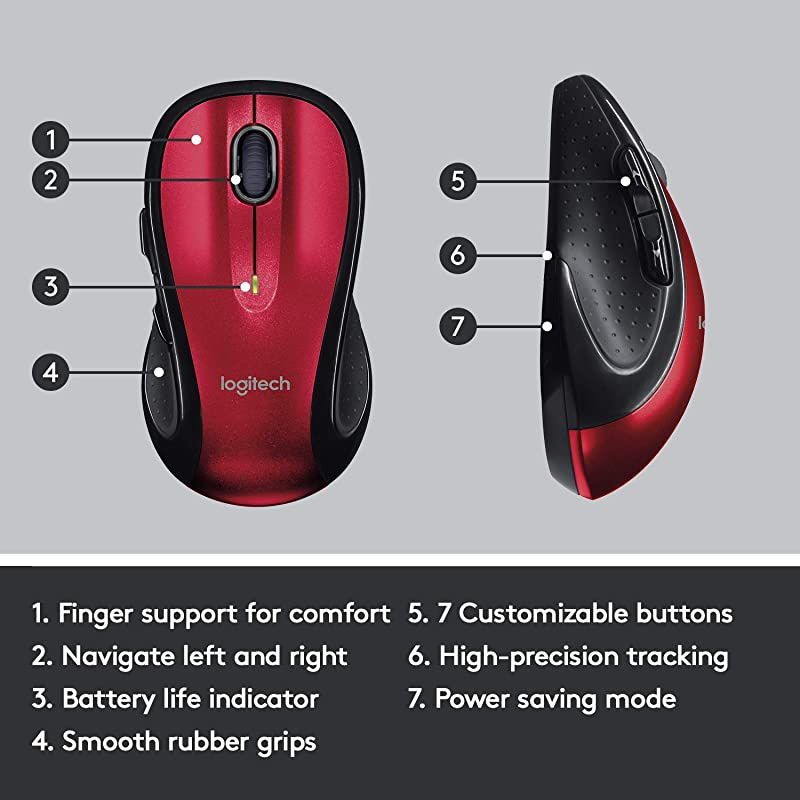 M510 Wireless Computer Mouse Comfortable Shape with USB Unifying Receiver with BackForward Buttons and SidetoSide Scrolling Red