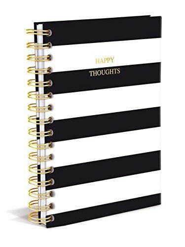 Graphique Classic Charm Hard Cover Journal w/ Elegant Black and White Stripes & "Happy Thoughts" in Embellished Gold Foil Across the Cover, 160 Ruled Pages, 6.25" x 8.25" x 1"