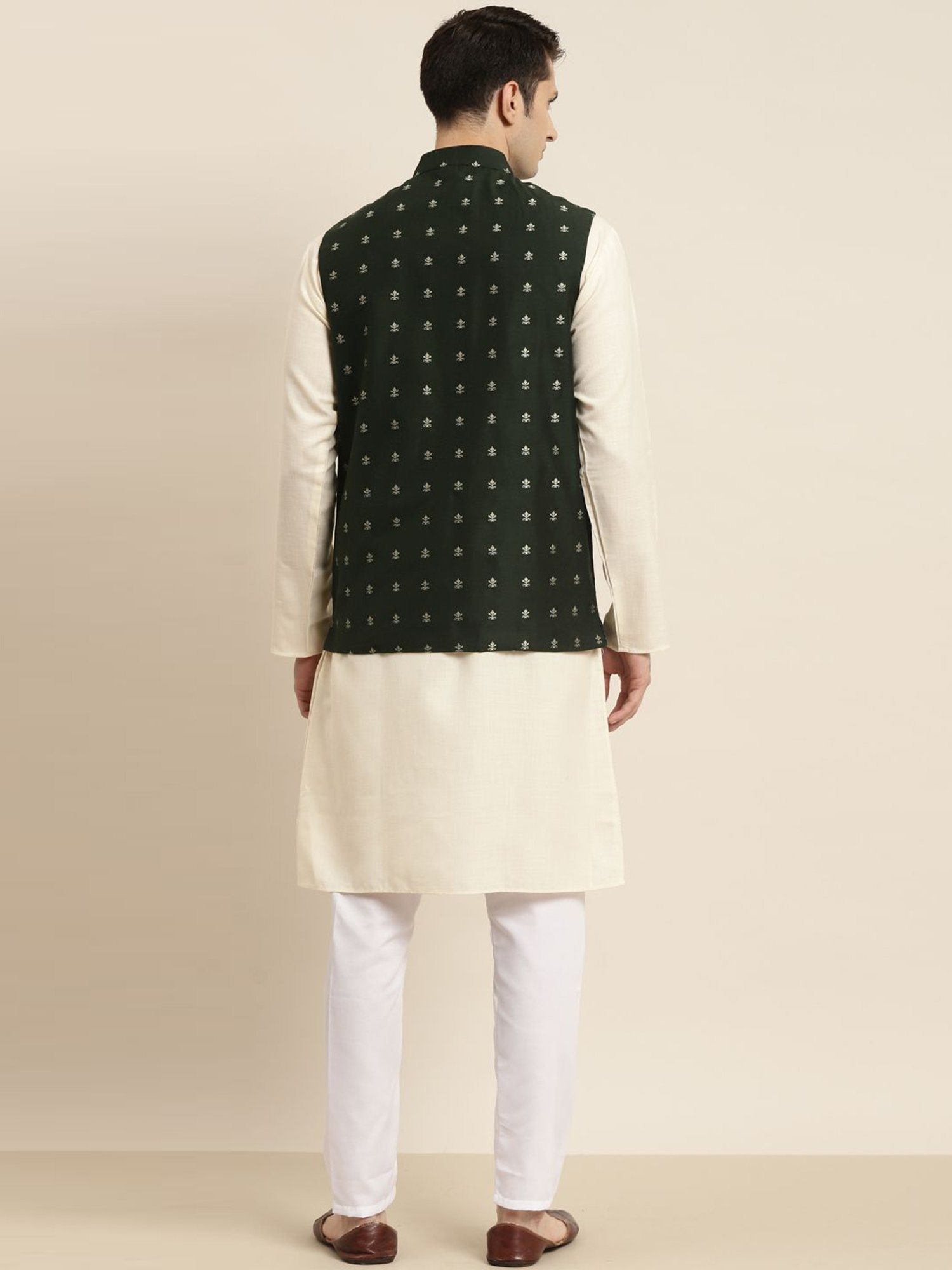 Sojanya Beige & Green Regular Fit Printed Kurta Set With Jacket