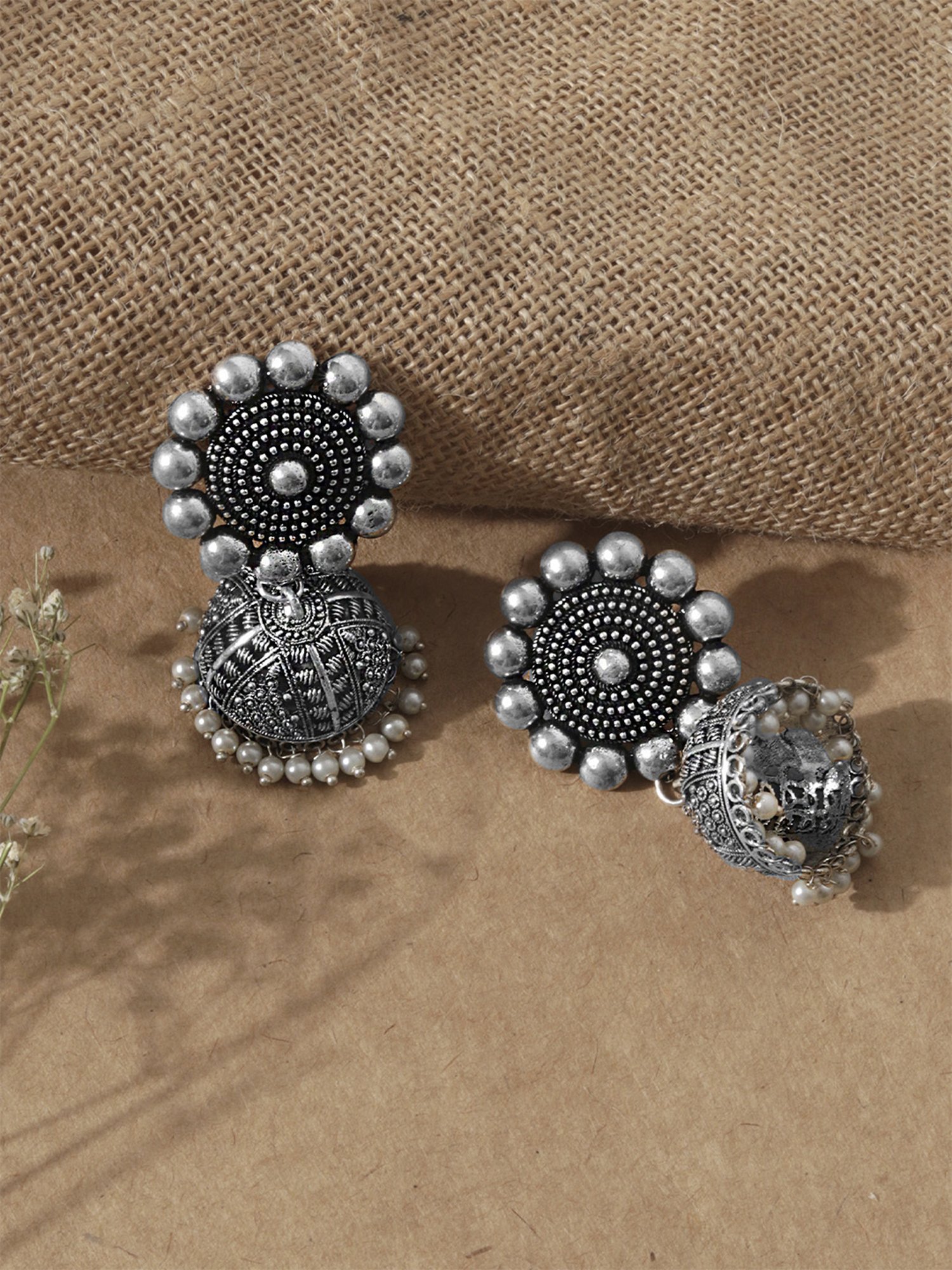 Fida Oxidized Flower Tribal Silver Jhumki