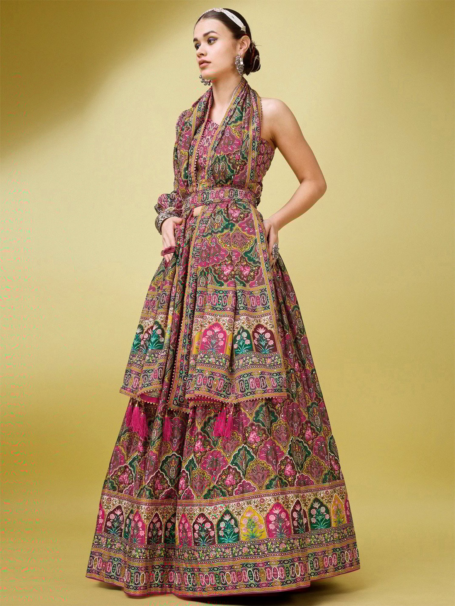 PURVAJA Deep Pink Printed Semi Stitched Lehenga & Unstitched Blouse With Dupatta
