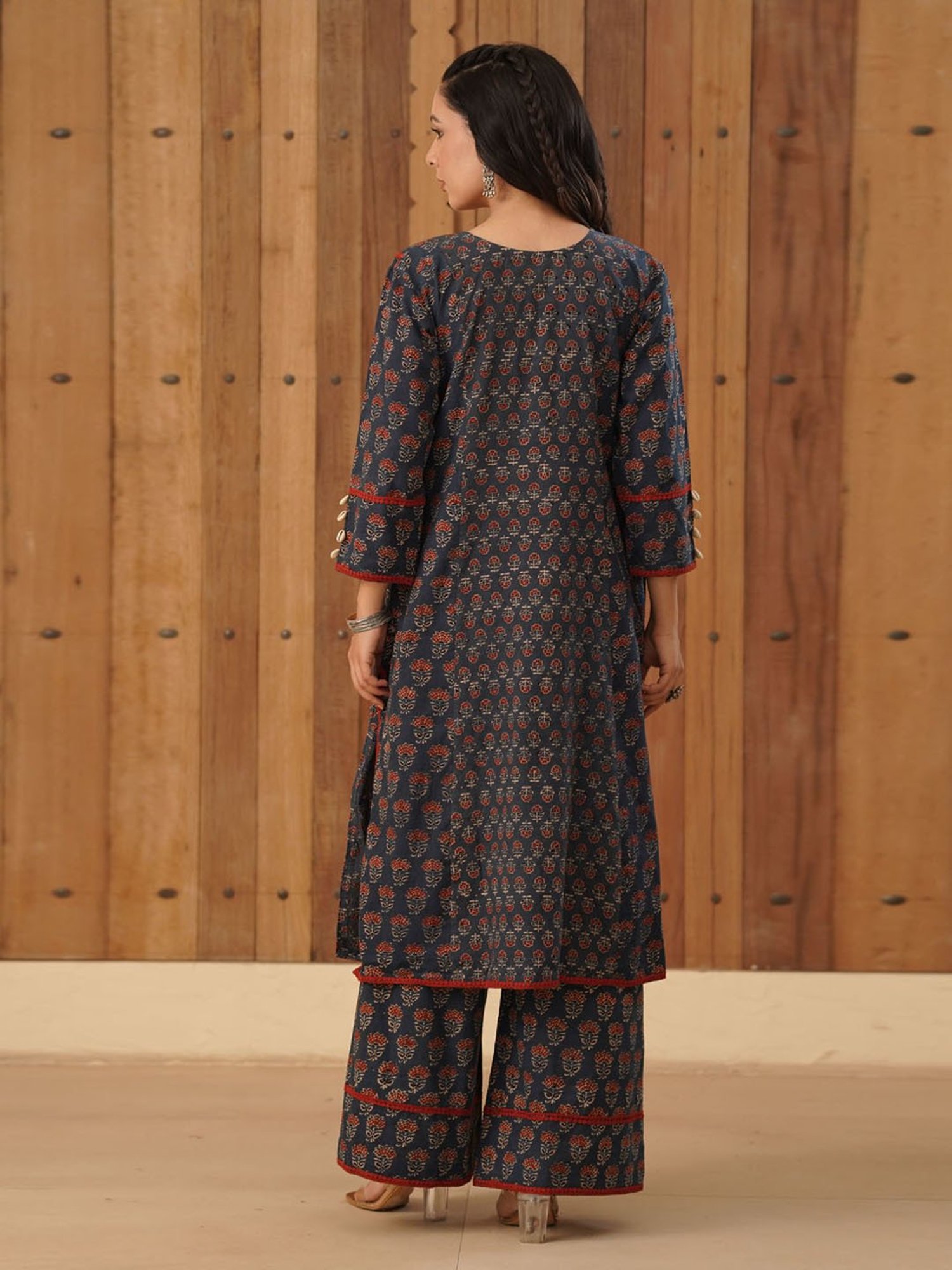 Love Chic Ajrakh Cotton Kurta with cowrie shells and crochet lace details
