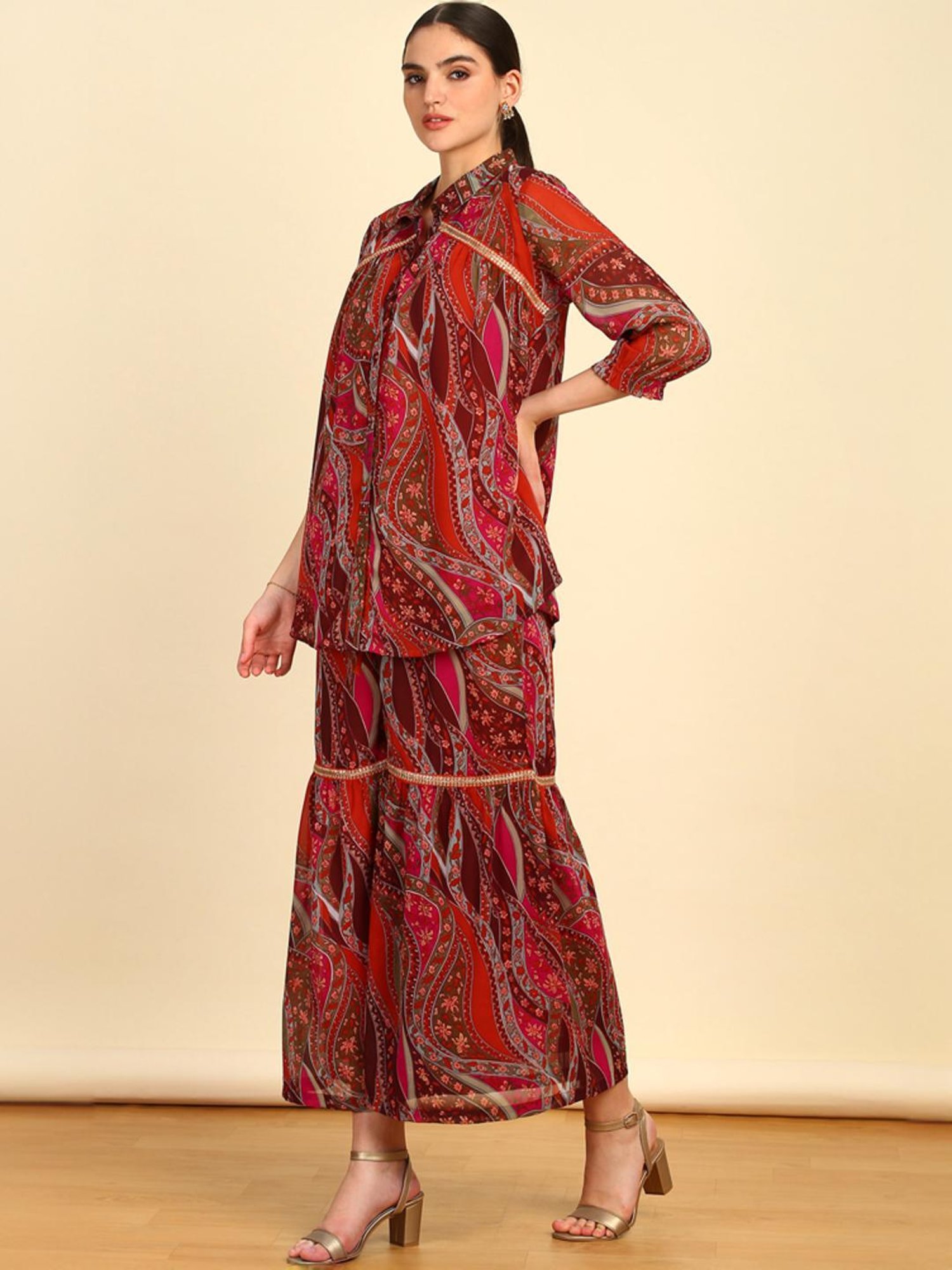 Soch Womens Fuchsia Floral Print Georgette Blend Co-Ord Set With Sequins