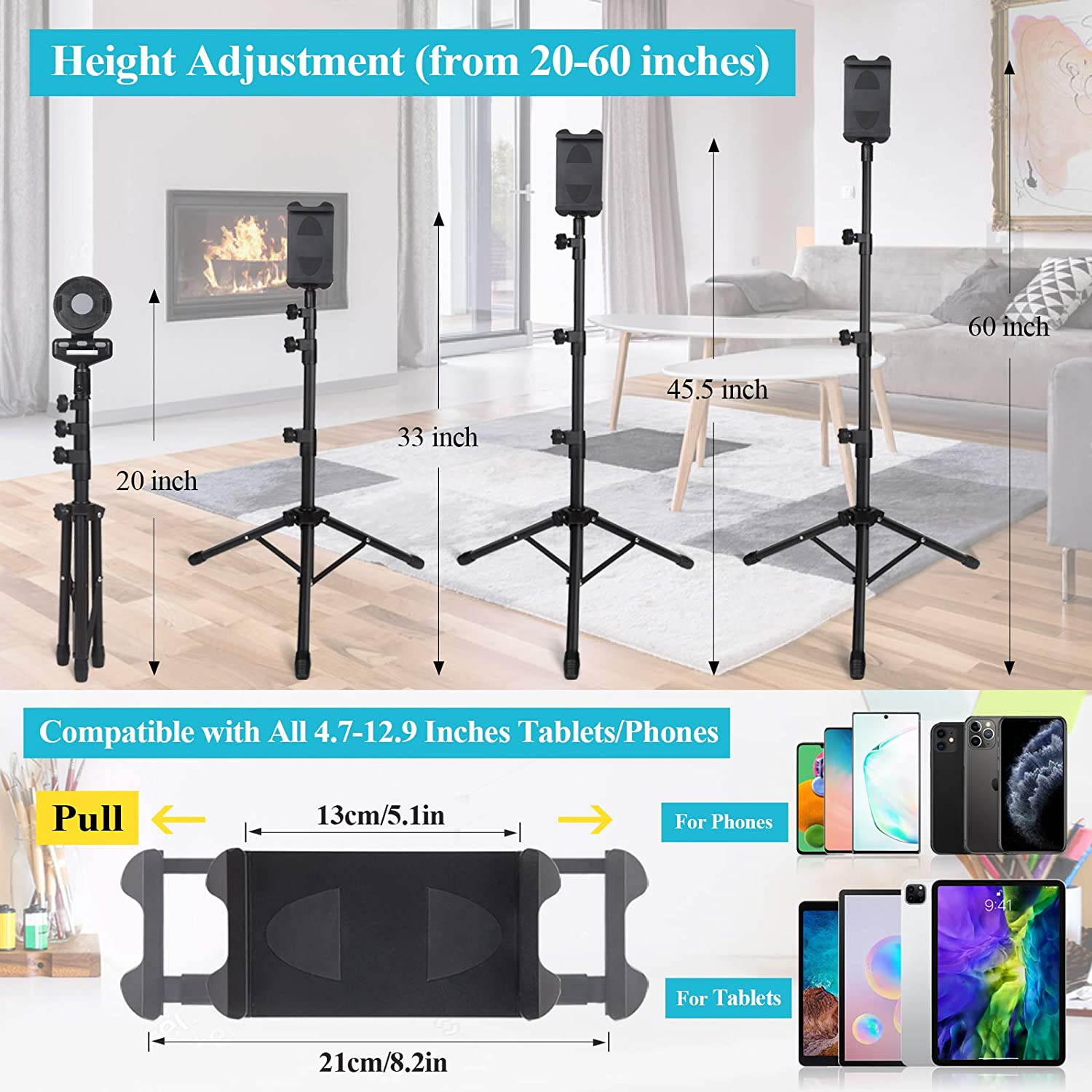 Phone iPad Tripod Stand, Upgrade Style Portable Floor Tablet Holder Mount Height Adjustable 20" to 60" for All 4.7-12.9" Phone and Tablets, Coming with iPhone Desktop Stand