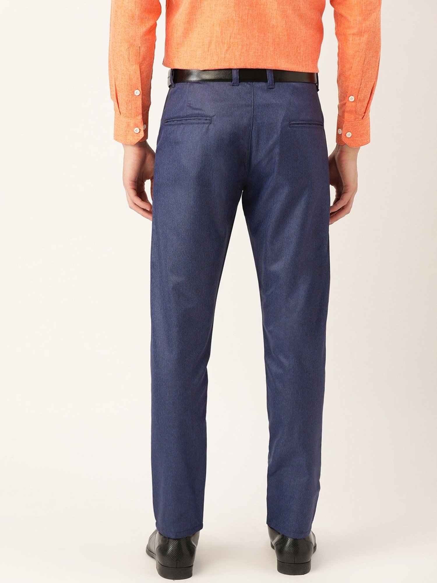 Sojanya Navy Cotton Regular Slim Fit Self Pattern Flat Front Trousers