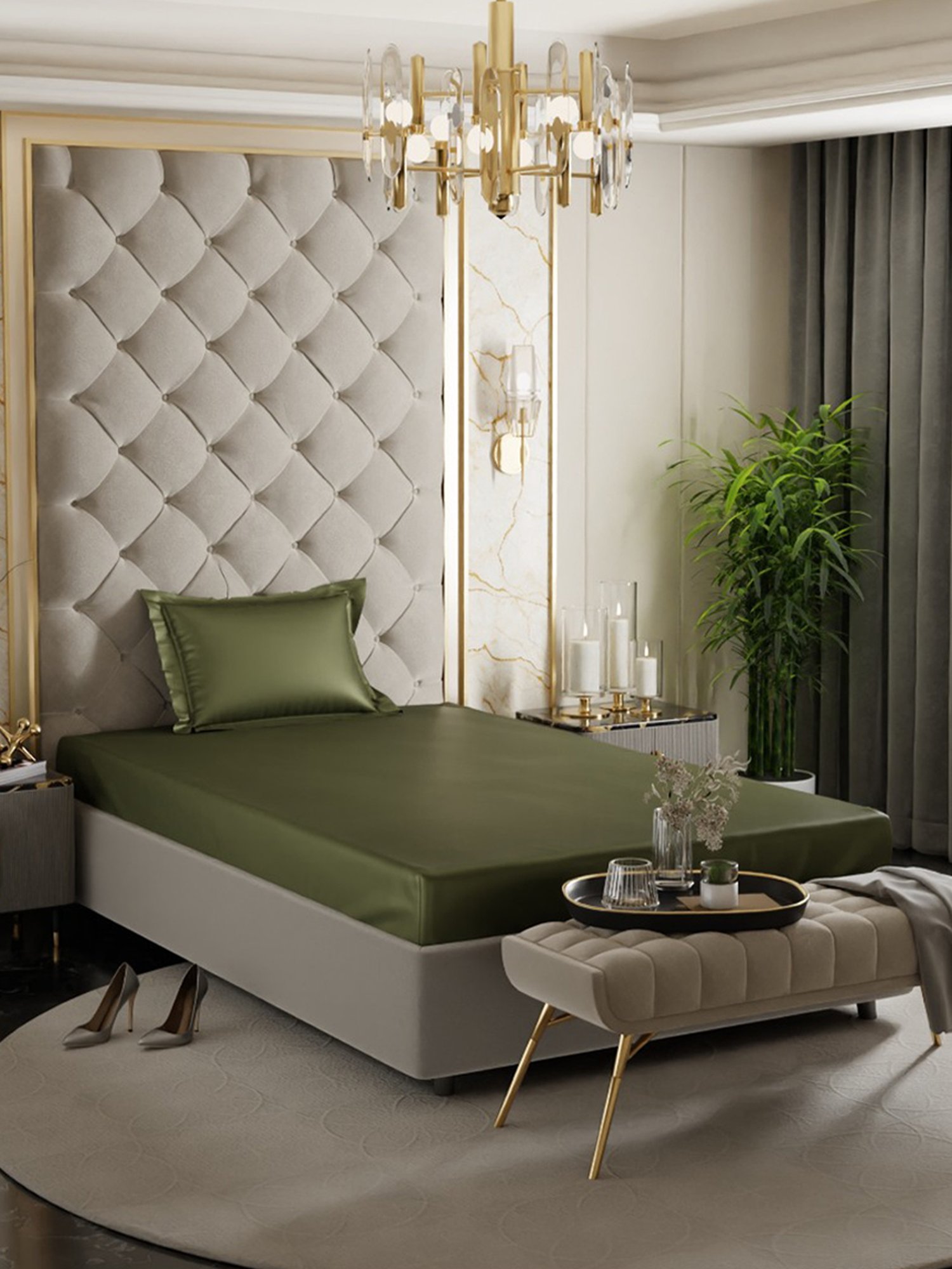 Stoa Paris Olive Green 300 TC Polyester Single Fitted Sheet with 1 Pillow Cover