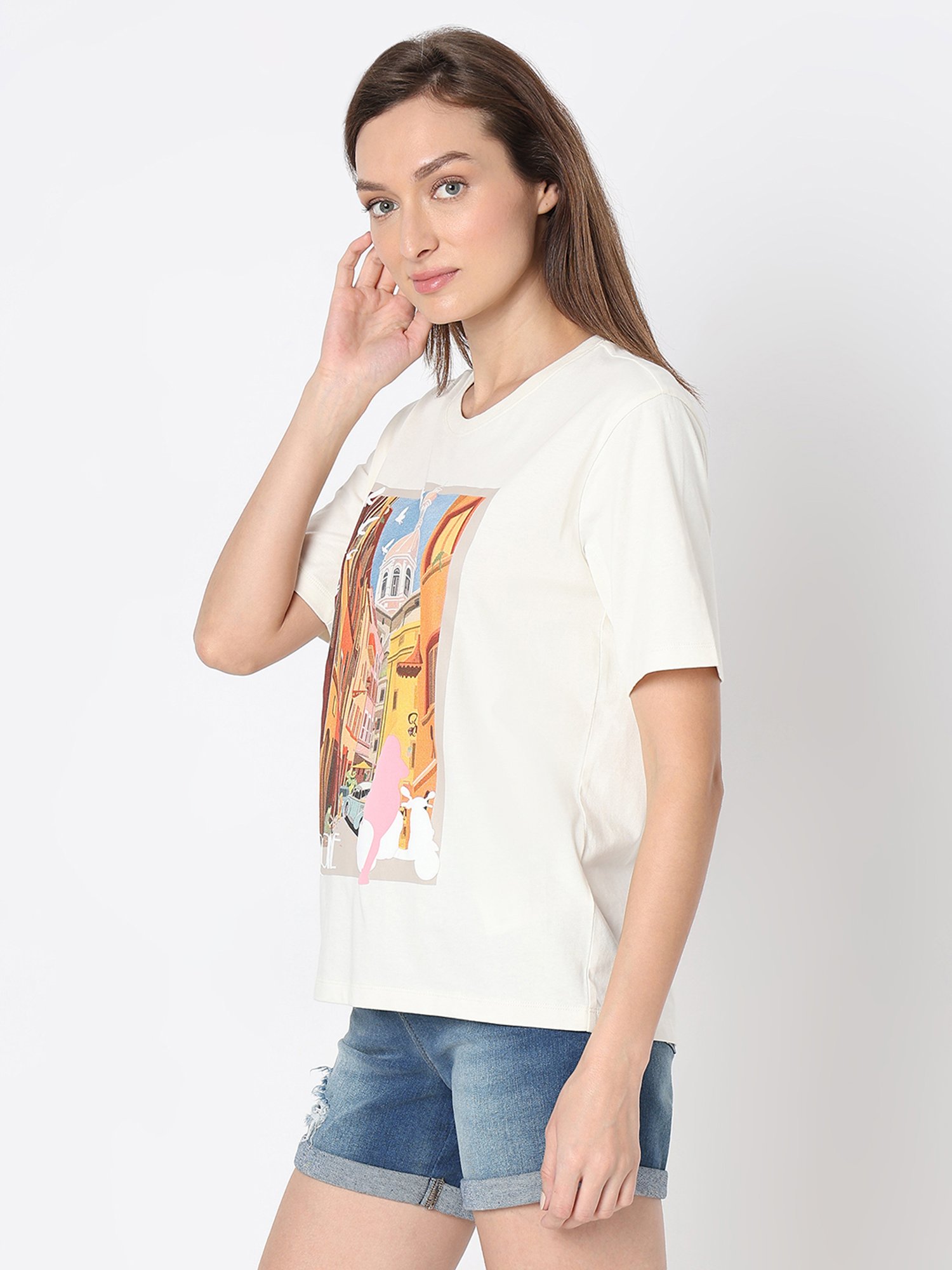 Vero Moda White Cotton Printed T-Shirt
