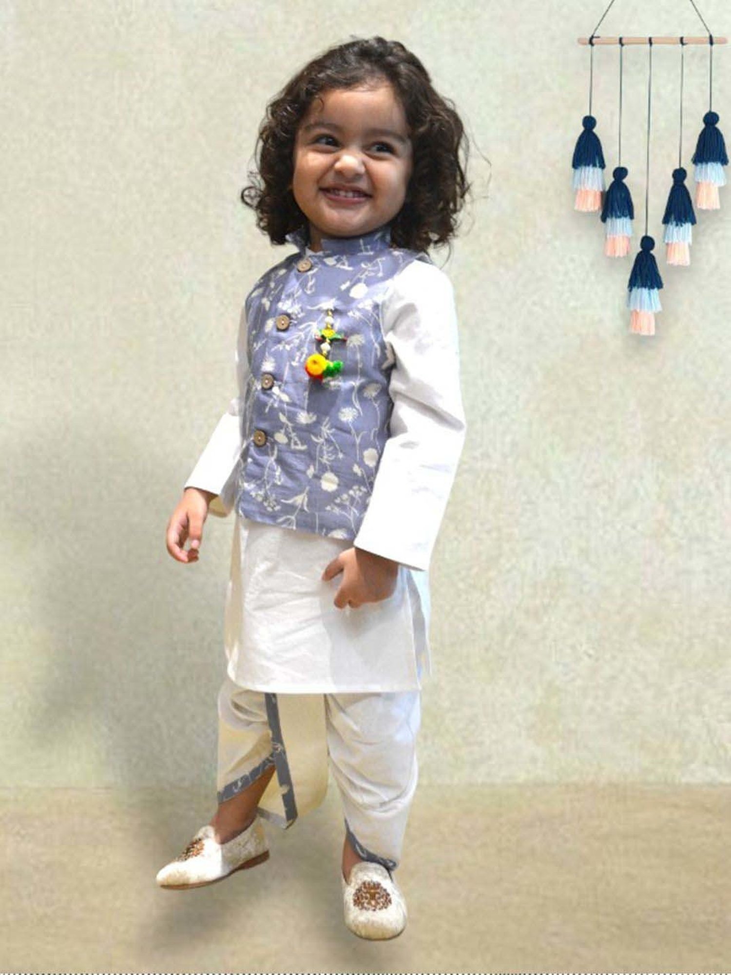 A.T.U.N. Boys Ivory & Blue Cotton Printed Full Sleeves Kurta Set