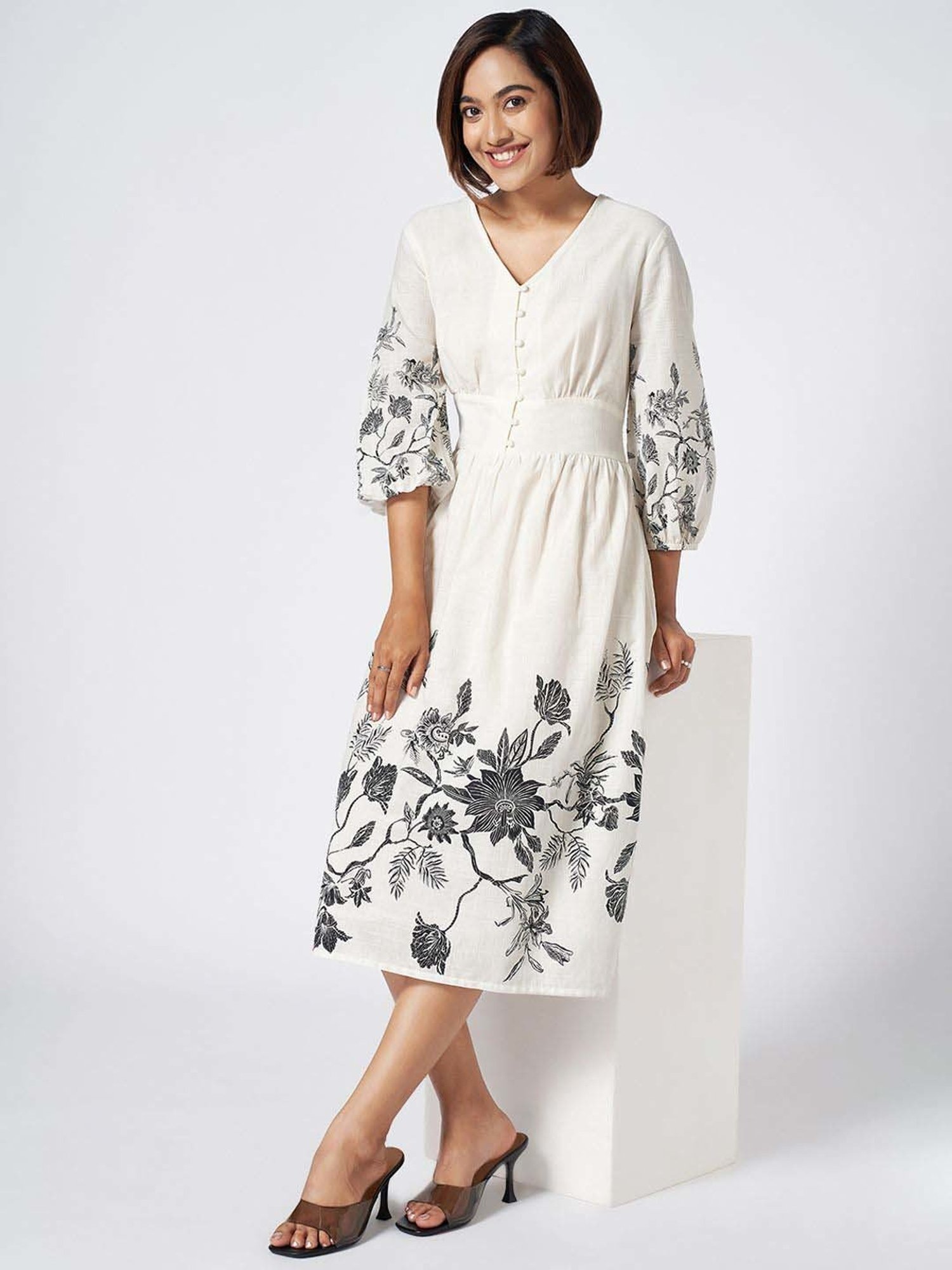 Honey by Pantaloons Off-White Printed A-Line Dress