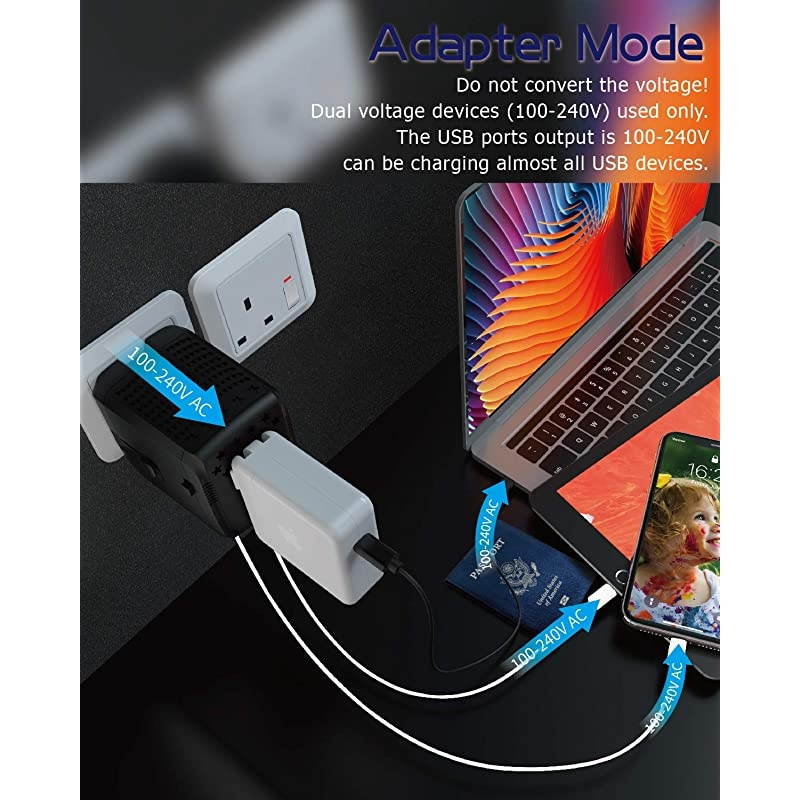 Travel Adapter and Converter Combo Step Down Voltage 220V to 110V for Hair Dryer Steam Iron Laptop MacBook Cell Phone - Dual USB Plug Power Adapter US to UK Europe AU Asia Over 150 Countries