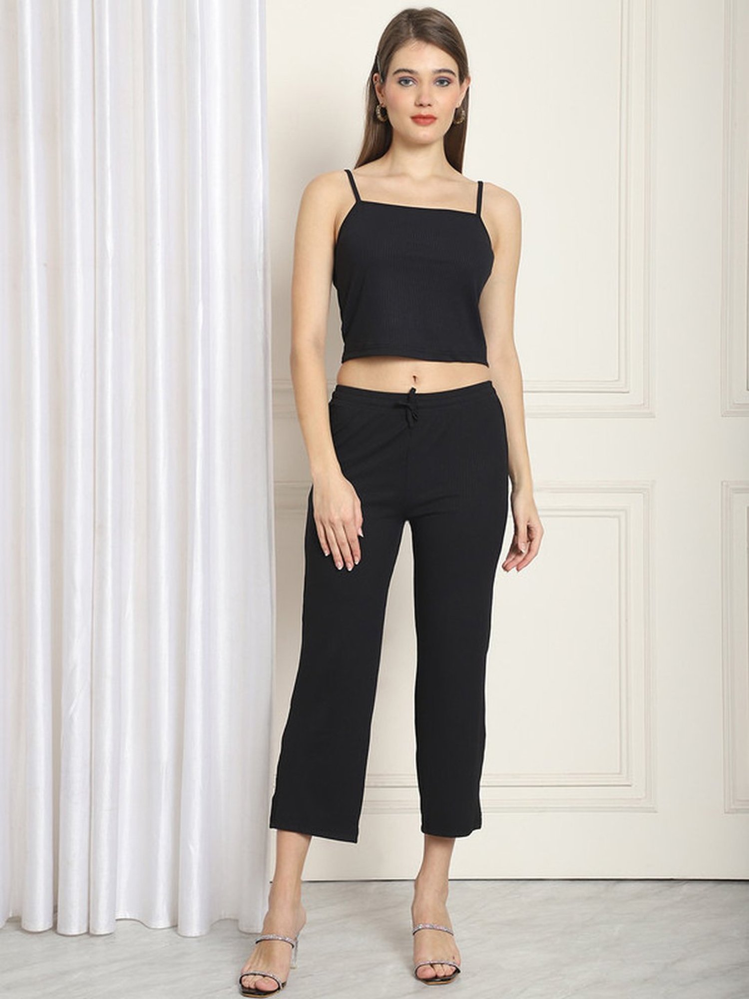 NEUDIS Black Striped Crop Top Trousers Set With Shrug