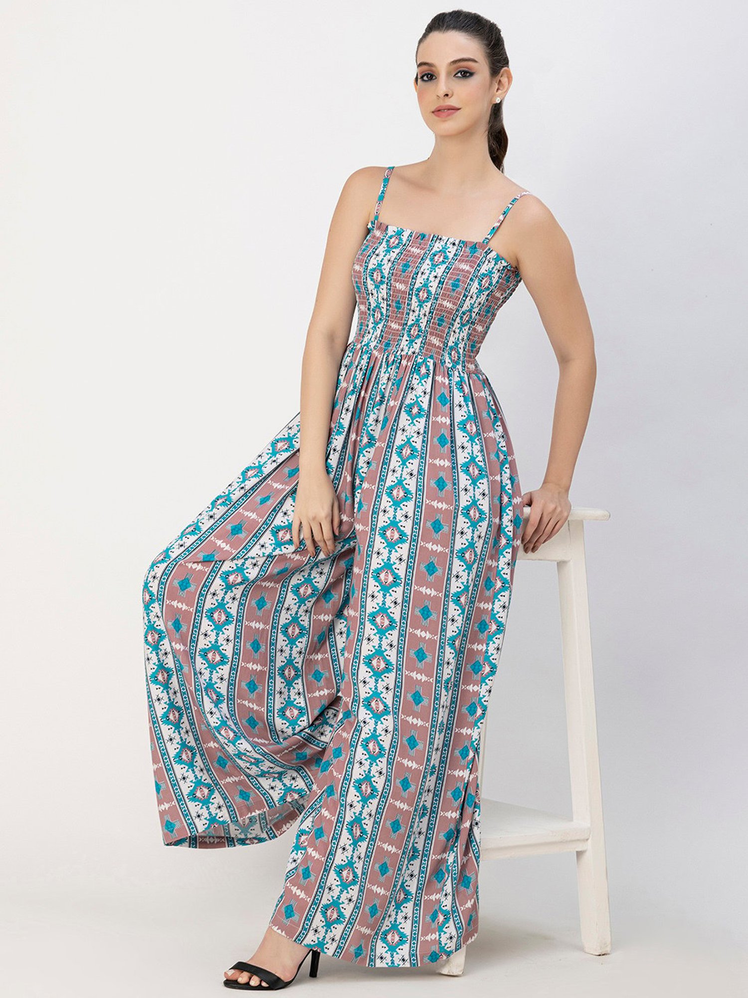 Moomaya Turquoise & White Printed Jumpsuit