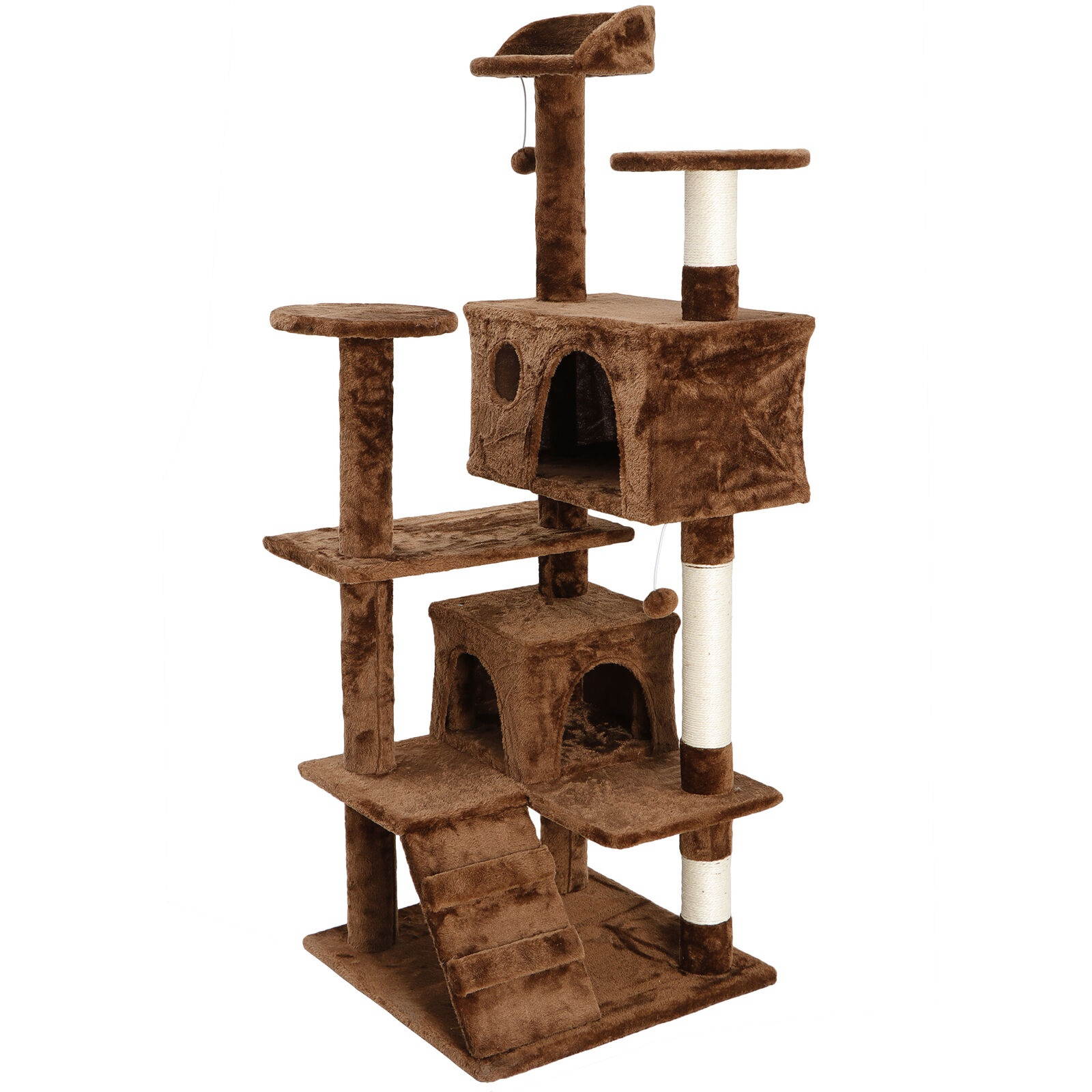 53" Brown Large Cat Tree Activity Scatch Tower Play House Plush Perch w/Ladders