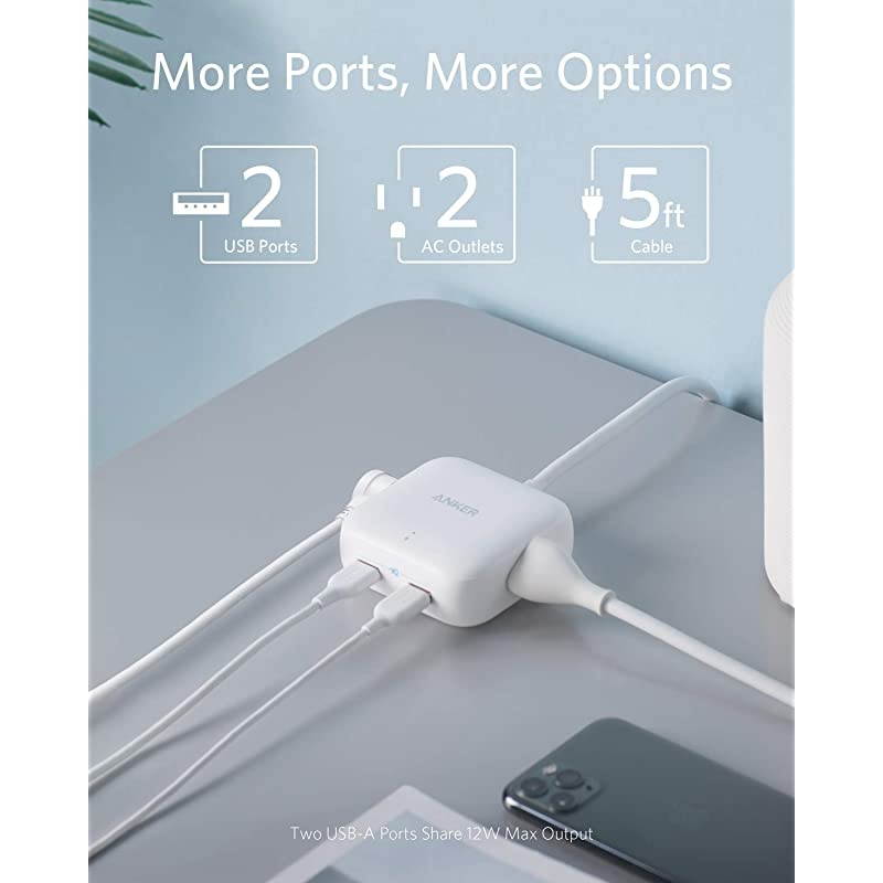 Power Strip with USB 2 Outlet amp 2 PowerIQ USB Ports 24W Travel Power Strip Powerport Strip 2 Mini with 5ft Long Cord Safety Door Flat Plug for Hotels Dorm Room Cruise Ships and Home