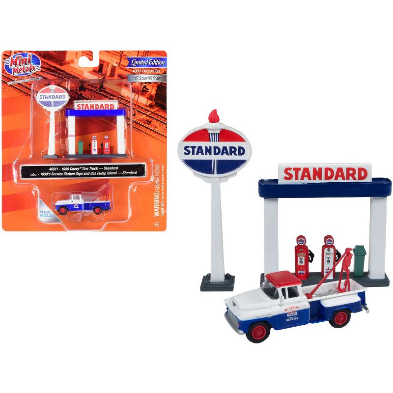 1955 Chevrolet Tow Truck w/Service Station Sign & Gas Pump Island "Standard Oil" 1/87 (HO) Scale by Classic Metal Works
