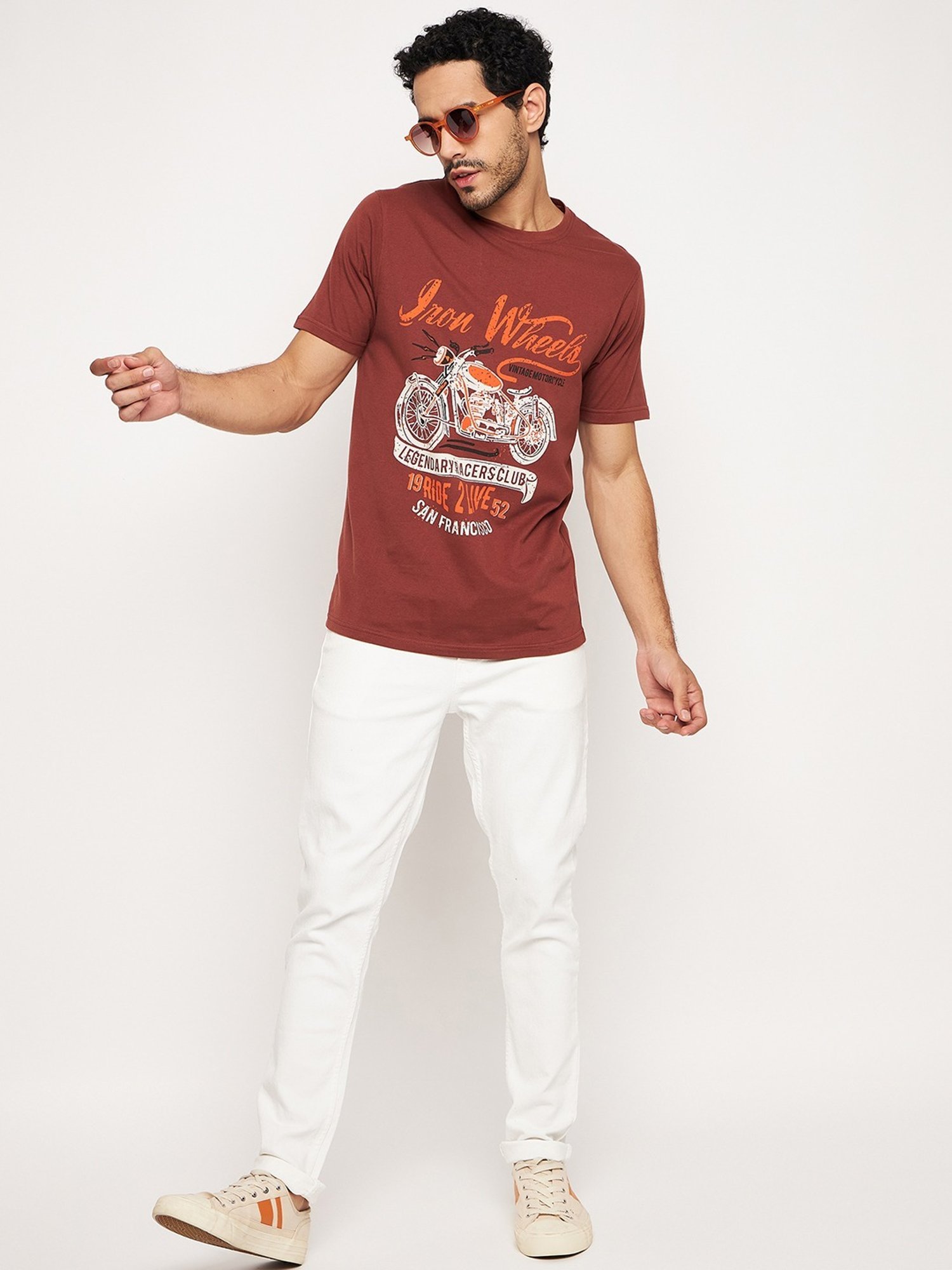 Club York Brown Cotton Regular Fit Printed T-Shirt