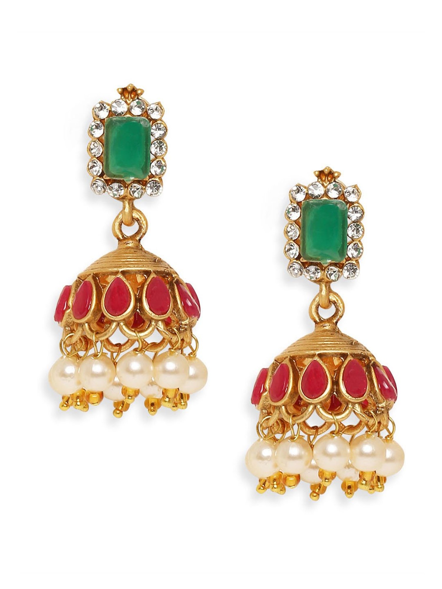 OOMPH Antique Gold Tone Red & Green Stone & Beads Choker Necklace Set with Jhumka Earrings