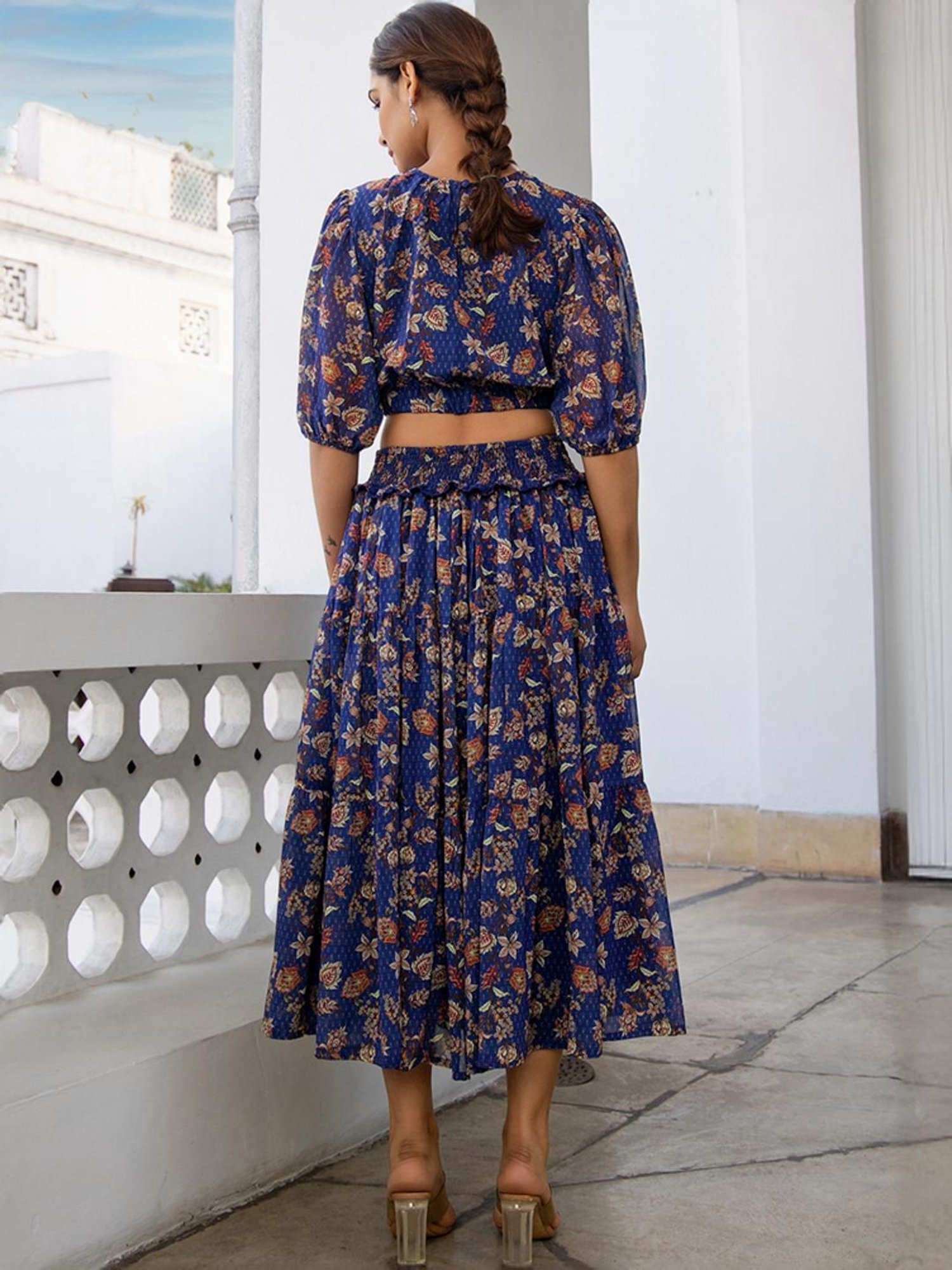Janasya Blue Floral Print Top Skirt Set