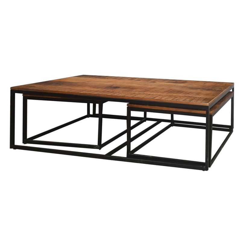 Set of 3 Nested Design Metal Coffee Tables with Spacious Wooden Top Brown - The Urban Port