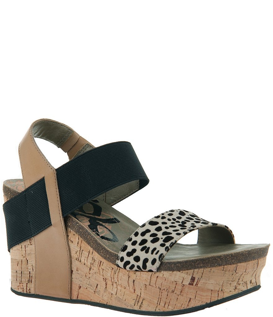 OTBT Bushnell Leather Leopard Print Platform Cork Wedge Sandals