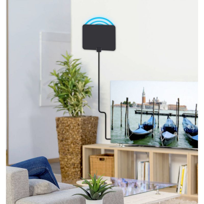 Ematic HDTV Antenna & Amplifier - Upto 50 Mile - 174 MHz, 470 MHz to 240 MHz, 860 MHz - 25 dBi - Indoor, HDTV Antenna - Black - Adhesive/Wall